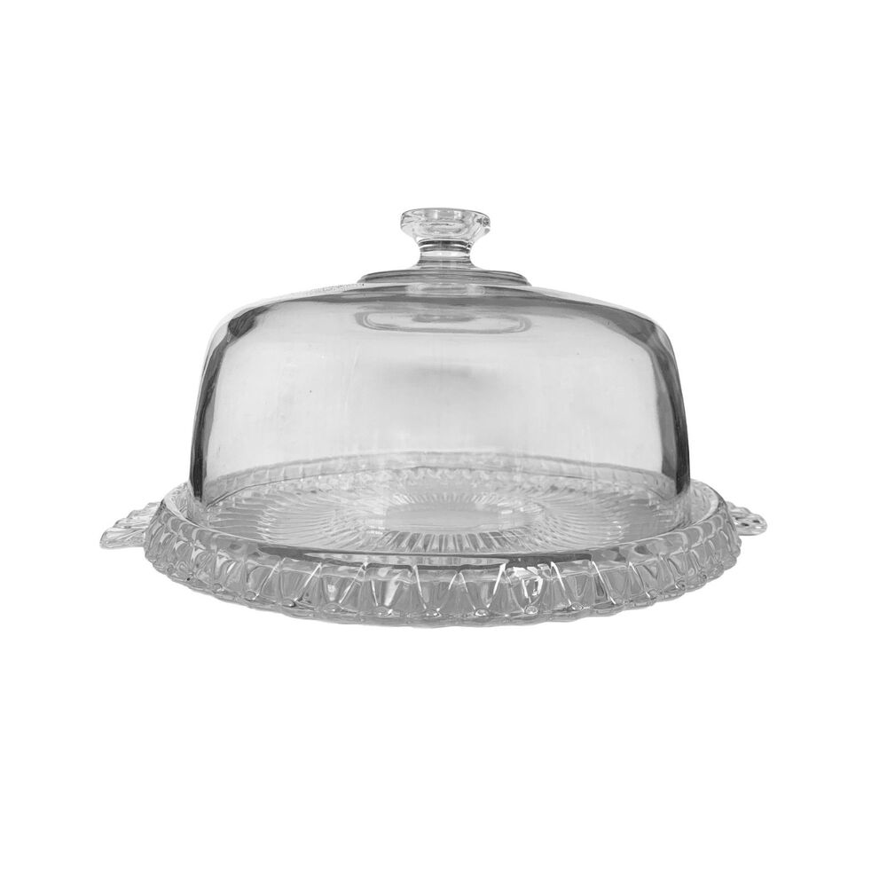 Vintage Federal Glass Petal Cake Stand Platter Plate with Heavy Clear Glass Dome